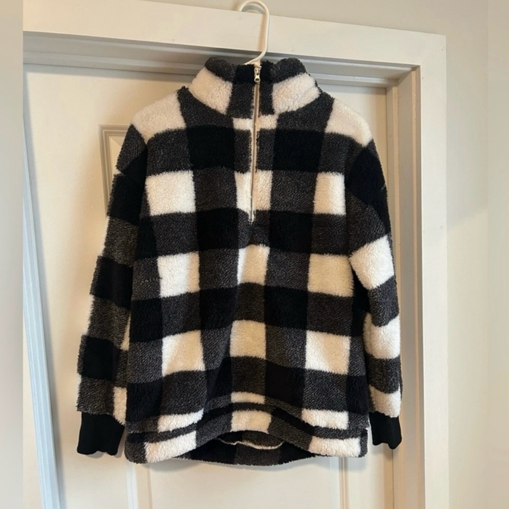 LOFT black and white Checkered Fleece Pullover - Picture 3 of 4